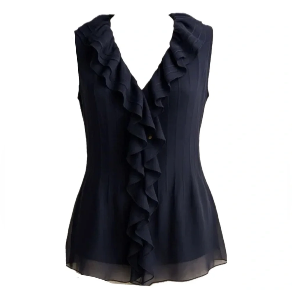 Tory Burch Silk Navy Blue Ruffle V-Neck Blouse w/ Buttons
